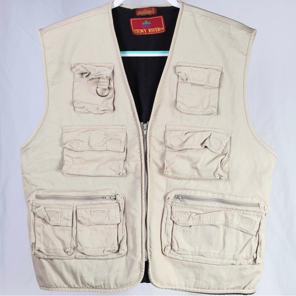 Vintage Stony River Multi Pocket Hiking/Fishing Vest Brown Fleece Lined Full Zip - Picture 1 of 4